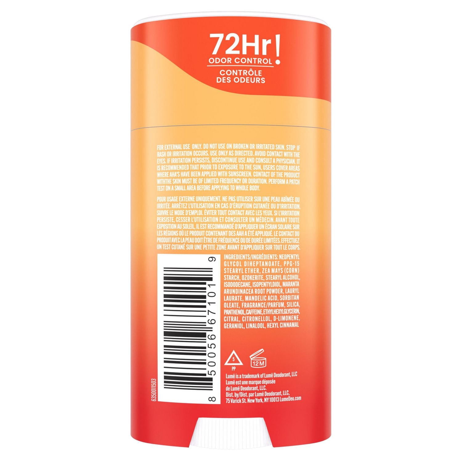 Déodorant féminin Lume pour Tout le Corps - Stick Solide Doux - Sans Aluminium - Parfum Mandarine Fraîche, 74g