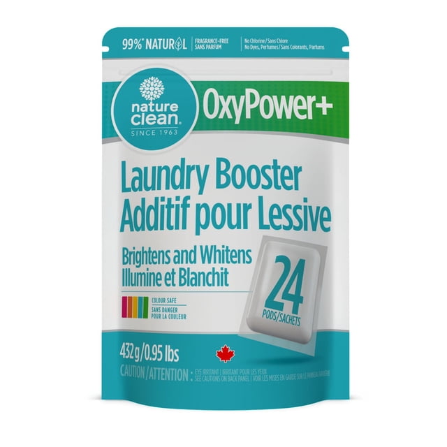 Nature Clean Laundry Booster Pods with Oxy Power+ 24 loads resealable pouch in white and teal, featuring natural oxygen bleach formula that brightens and whitens clothes, colour safe, weighing 432g (0.95 lbs), with Canadian maple leaf symbol.