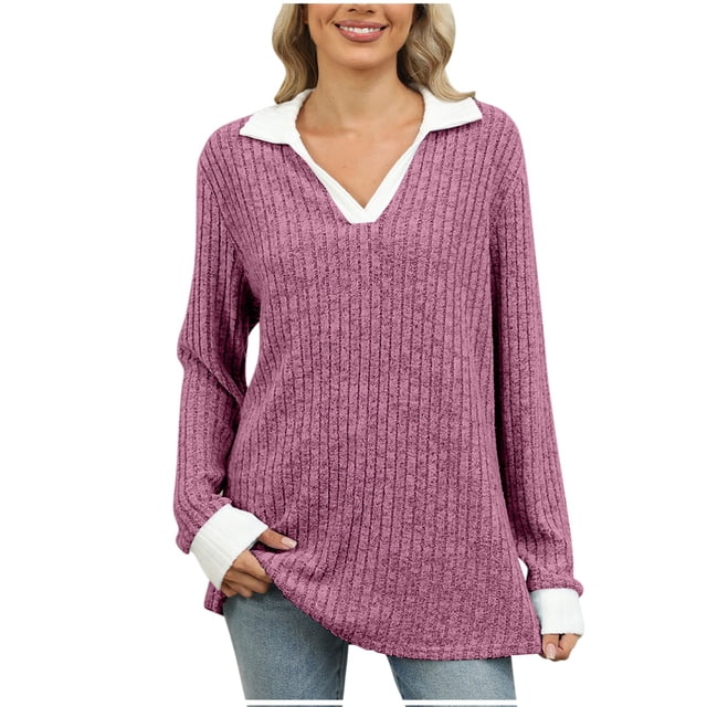 Yuyuzo Long Sleeve Tops for Women Ribbed Knit V Neck Collared Loose Fitted Casual Lightweight Fall Tees