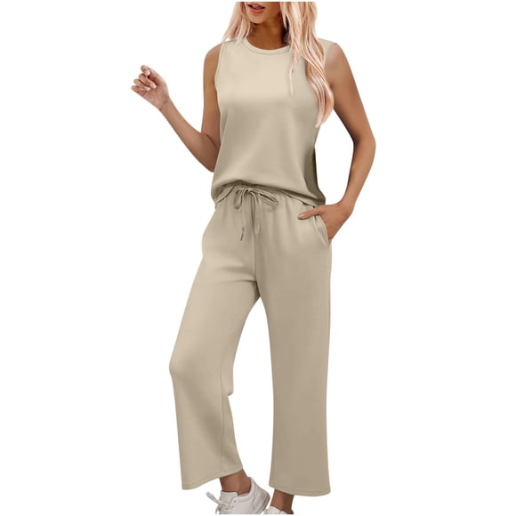 Women Summer Vacation Outfits Solid Color Two Piece Travel Sets Outfits Crewneck Tank Tops & Pants with Pockets Loungewear Suits Ladys 2 Piece Outfits Summer Khaki L