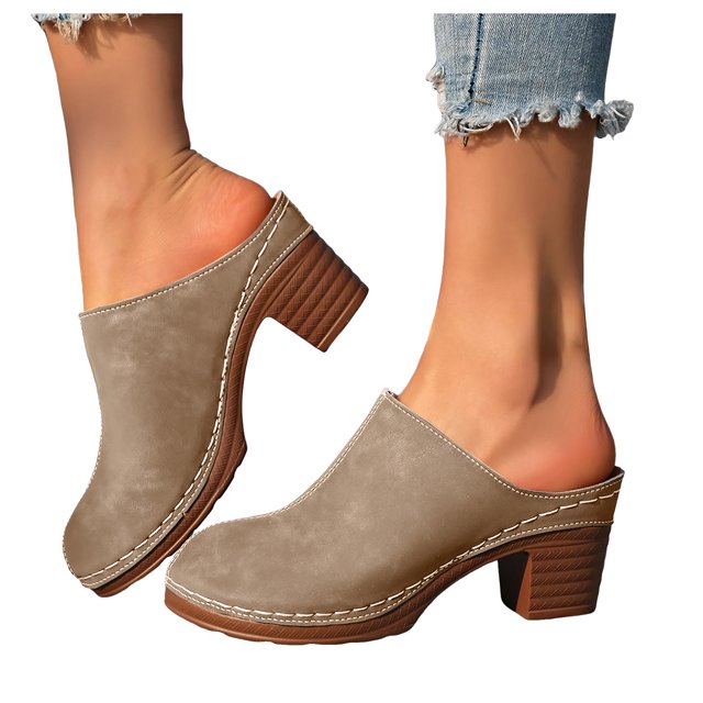 Women's Comfortable Slip On Chunky Heel Dressy Sandals Retro Suede Mules Open Back Non Slip Walking Clogs Red Size 9.5