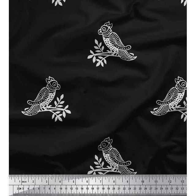 Soimoi Rayon Crepe Fabric Bird Block Print Fabric by Yard 46 Inch Wide