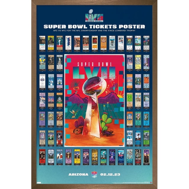 NFL League - Affiche Murale Collage de Billets Super Bowl LVII, 22,375 Pouces x 34 Pouces, Présentant une illustration Centrale Colorée du Trophée Vince Lombardi avec des Feux d'Artifice et des Cactus du Désert, Entourée d'Un Collage de Motifs de Billets Super Bowl Historiques sur Fond Bleu, Encadrée en Bois, avec Texte Mettant en Valeur le Championnat AFC vs NFC NFL et la date de l'Événement Arizona 02.12.23, Idéale