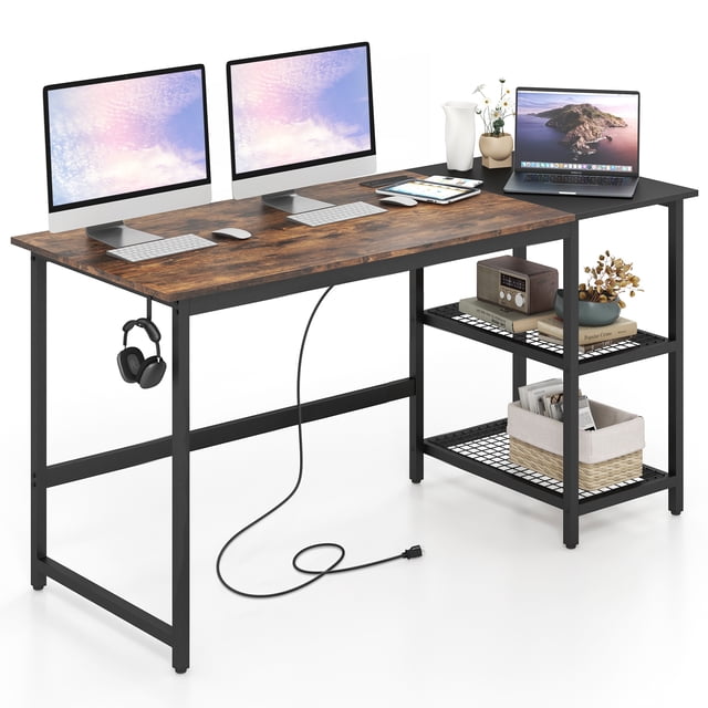 Costway 59" Home Office Computer Desk Study Laptop Table with a detachable shelf in a rustic brown and black finish. The desk features a spacious 59" x 24" tabletop accommodating two monitors, a laptop, and office supplies. It includes a side hook for headphones or bags and a 2-tier storage shelf with a detachable middle grid for flexible storage. Made of heavy-duty steel and MDF, it supports up to 176 lbs and has a durable industrial design. Ideal for home, office, or dorm use.