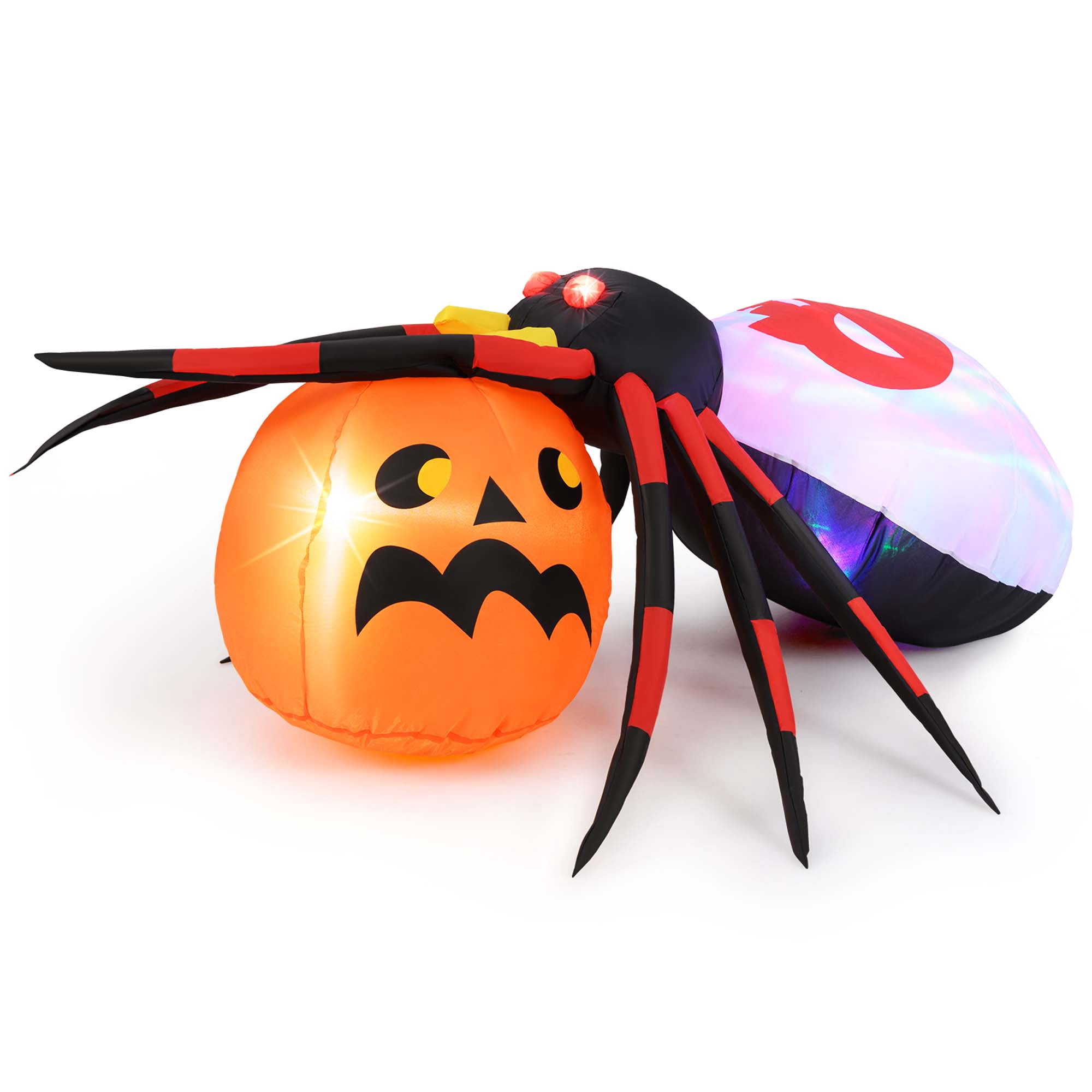 Costway Araignée Gonflable 5 x 4,6 Pi avec Citrouille, Décoration d'Halloween à DEL Éclairée avec Lumière Rotative Colorée