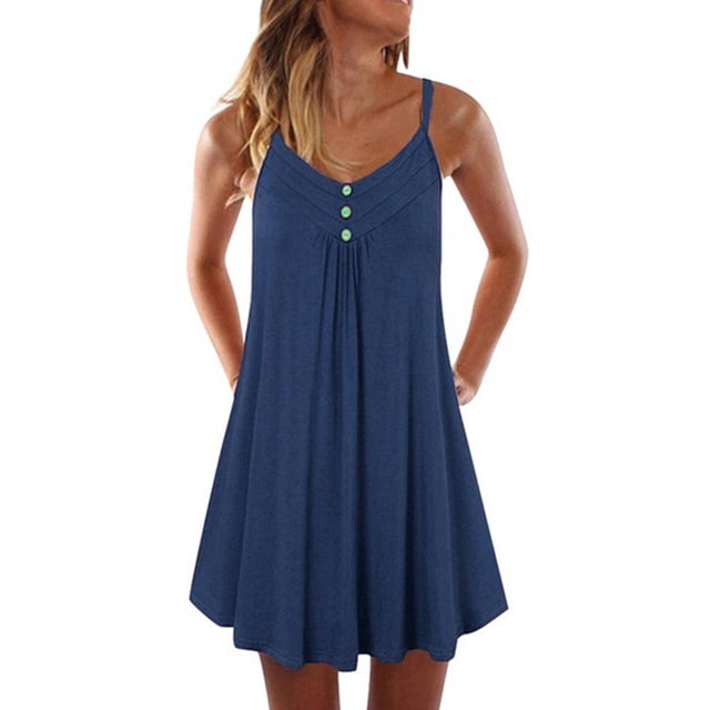 MAWCLOS Robe d'Été Évasée pour Femme, Ligne A, Boutonnée, à Bretelles, Robe Nuisette Plissée Courte Mini, Ample, de Travail, à Bretelles Spaghetti, Bleu Foncé, 4TG
