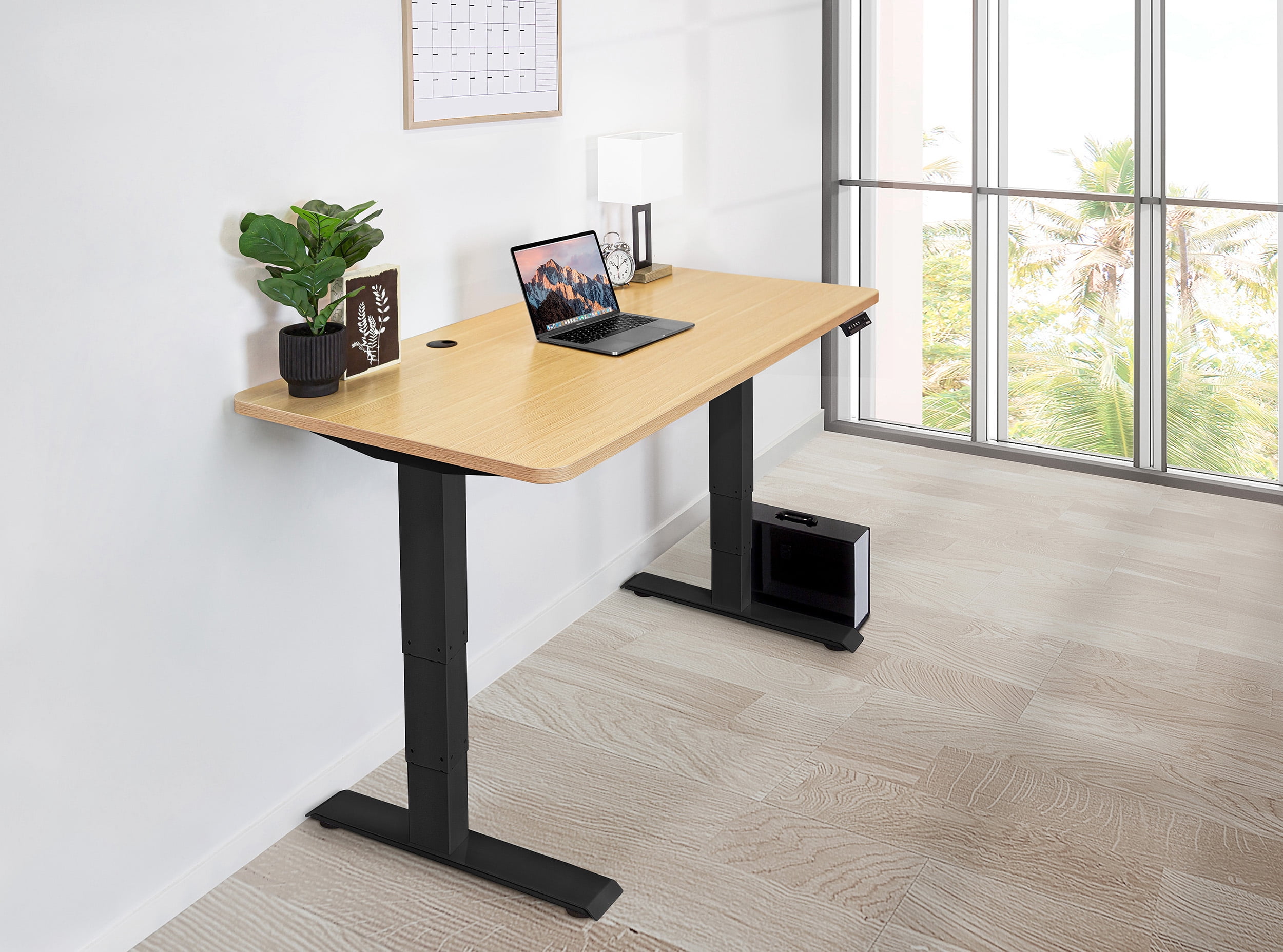 EFFYDESK Business Height Adjustable Home Office Computer Standing Desk with Cable Management Tray (70" × 29") Oak Wood on Black Frame