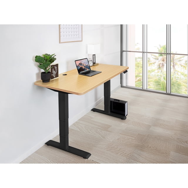 EFFYDESK Business Height Adjustable Home Office Computer Standing Desk with Cable Management Tray (59"×29") Oak Wood on Black Frame