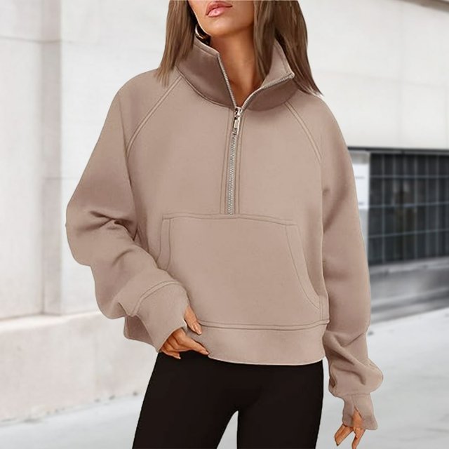 Stand Collar Fall Clothes Half Zip Women Solid Color Daily Outfit (Coffee XL)