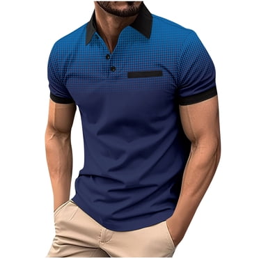 lcziwo Polos Dégradés pour Hommes avec Poche 2024 Mode Été Décontracté T-Shirts de Golf à Manches Courtes Chemise à Pois à Col à Boutons Grande Taille Bleu TTG