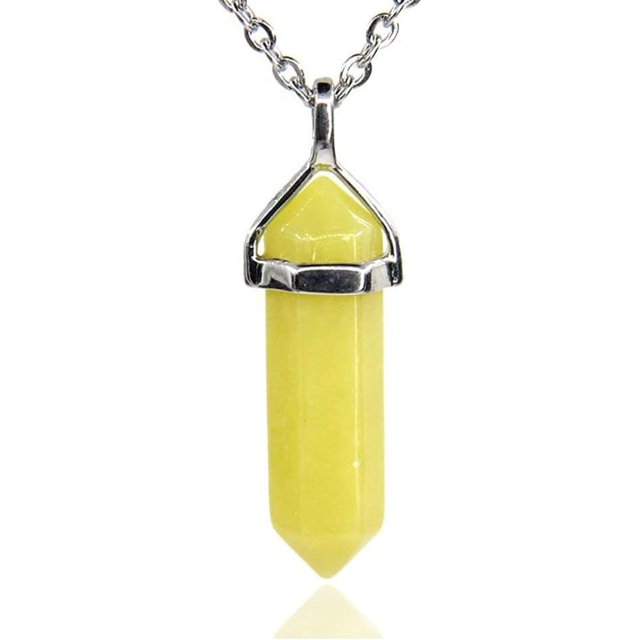 Collier Pendentif Reiki Chakra Hexagonal Pointu en Jade Olive 20 Pouces