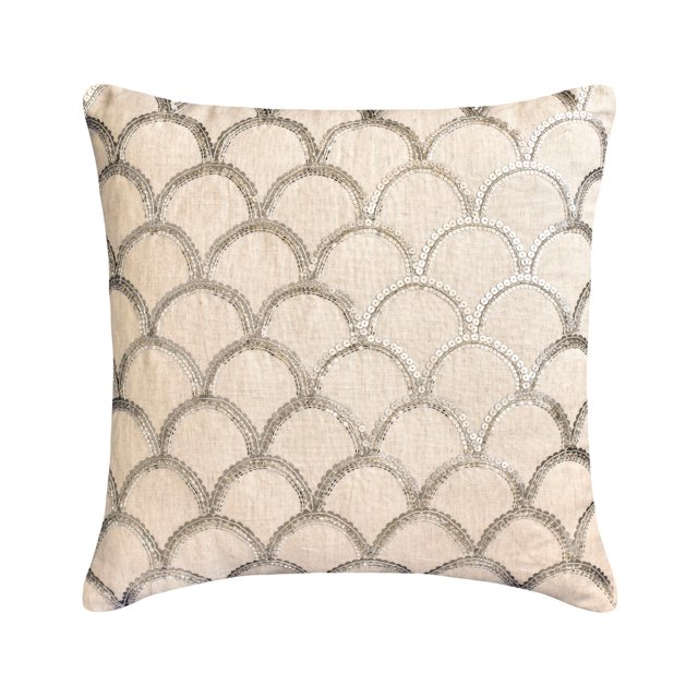 Pillow Case Zip, Silver 14"x14" (35x35 cm) Pillow Covers, Linen Sequins Embroidery Throw Pillows For Sofa, Geometric Pattern Modern Style - Silver Accord