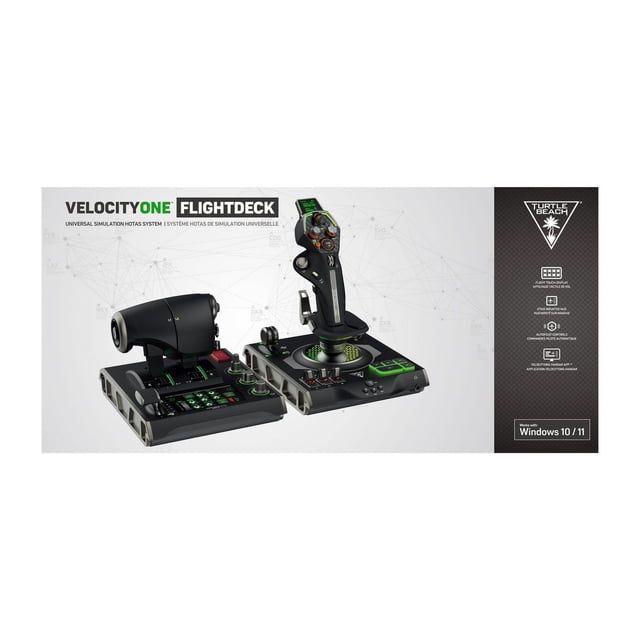 Turtle Beach® VelocityOne™ Flightdeck — two-piece USB HOTAS flight controller for Windows 10 & 11 PCs with Flight Touch Display and full-colour OLED HUD; throttle and joystick set with 15 axes and 139 programmable functions, customizable via Flight Hangar app and RGB lighting, often used for PC flight and space sims.