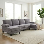 Mjkone U-Shaped Sectional Sofa,Chenille Couch with Double Chaise,4 Seat Sectional Sofa for Living Room,Light Gray