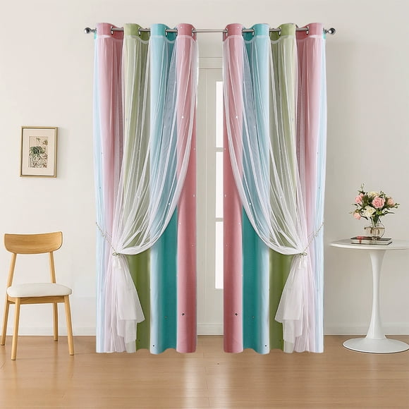 Iumwxz Gradient Striped Double Layer Star Pattern Shade Curtains for Bedroom & Living Room, Polyester Fabric with Sheer Layer, Laser Cut Stars, Easy Machine Wash Care