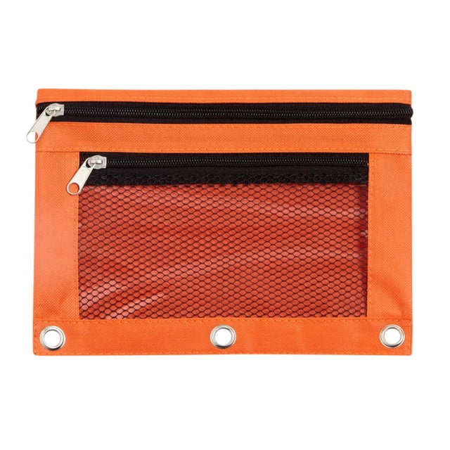 XZNGL clear pencil pouch for 3-ring binder with an orange Oxford cloth design, two zippered compartments, and a clear mesh window for easy visibility. Features three reinforced metal grommets for secure binder attachment. Compact size of 25 x 19 x 1 cm, ideal for school supplies, office organization, and storing pens, pencils, and small items.