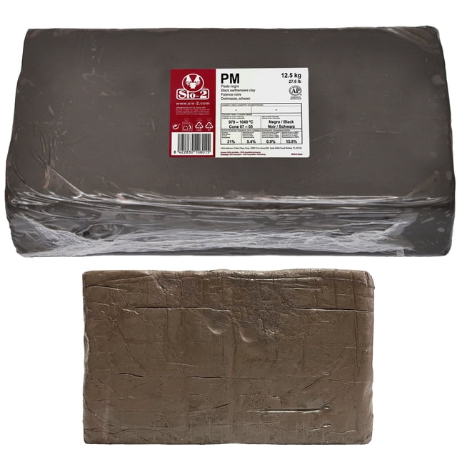 SIO-2 PM Black Earthenware Ceramic Pottery Clay, 27.6 lb block, displayed in its extruded moist form with a smooth texture and dark black color. The packaging highlights firing range of Cone 06-05 (970ºC to 1025ºC), ideal for low fire kilns. Certified non-toxic and suitable for wheel-throwing, hand-building, modeling, and use with ceramic glazes.