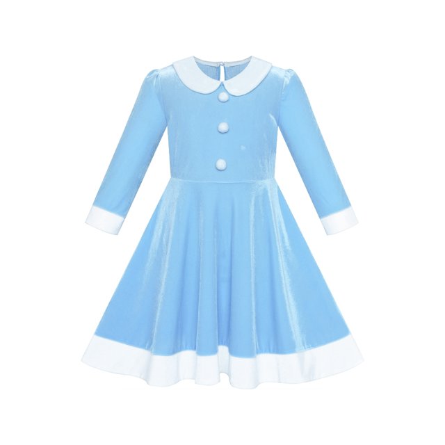 Robe Fille Col Blanc Velours Manches Longues Robe Évasée Bleue 4 Ans