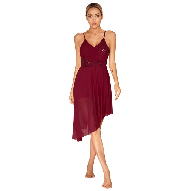 Oyolan Robe de Danse Ballet à Paillettes pour Femmes, Bretelles Spaghetti, Col en V, Ourlet Asymétrique, Tenue de Danse Lyrique, Bourgogne G
