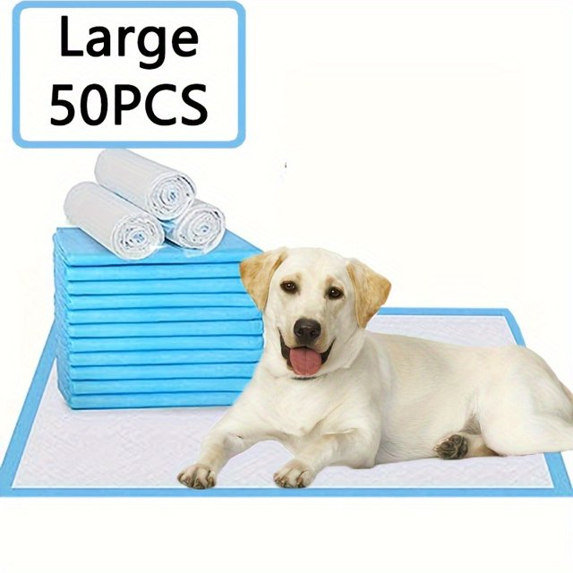 50pcs Disposable Dog Training Pads by GRM, designed for puppy and dog waste management. Made from super absorbent non-woven material, these pee pads help with deodorizing and cleaning. The image shows a stack of blue pads, rolled pads, and a Labrador retriever lying on one of the pads.