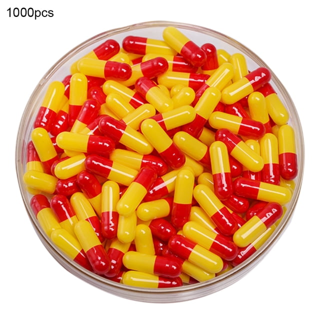 Flmtop 1000Pcs Transparent Hollow Gelatin Empty Separated Medical Powder Capsule Shells in a clear bowl. Red and yellow capsules made of gelatin, designed for storing solid medicine and masking odor. Includes approximately 1000 pieces, with dimensions of 21.1mm sheath length and 7.49mm outer diameter. Suitable for pill organizers, improving drug stability, and convenient for travel.