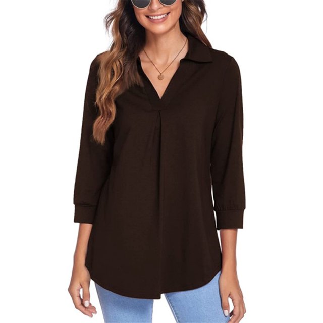 Innerwin Tops 3/4 Sleeve Women Blouse Work Solid Color Elegant Shirts Brown XL