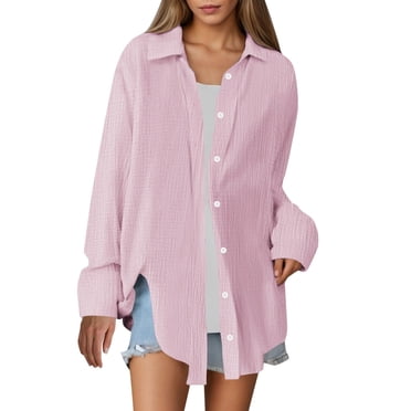 yoeyez Blouse Boutonnée Grande Taille pour Femmes Chemises Couvre-Maillot de Plage Lin Manches Longues Col en V Hauts Légers Couvre-Maillots de Bain de Plage Rose,2TG