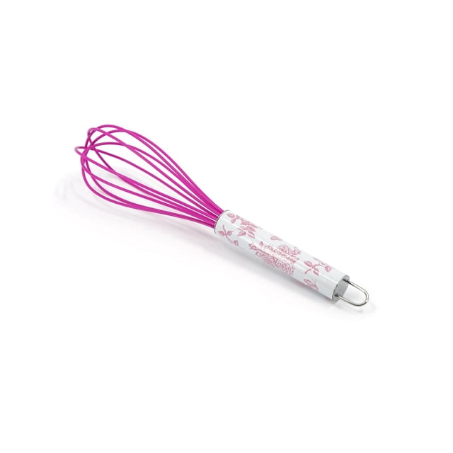 Dolly Parton Silicone Whisk, 10-inch, avec une Tête de Fouet Ballon en Silicone Rose et un Manche Blanc en Forme de Baril Décoré de Motifs Floraux Roses, Offrant une Prise Ergonomique Idéale pour Mélanger, Fouetter et Battre dans Diverses Tâches de Cuisine.