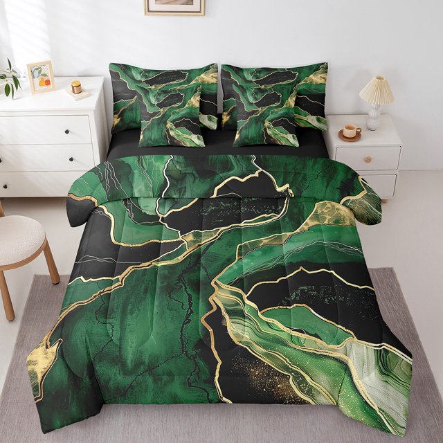 YST Ensemble de Douillette 7 Pcs à Motif Abstrait, Marbrure Noire et Verte, Lit en Sac, Format Simple