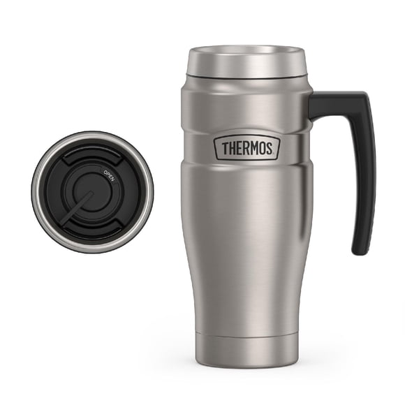 THERMOS Tasse de Voyage en Acier Inoxydable King à Isolation sous Vide avec Poignée - 16 Oz, Acier Mat - Gobelet THERMOS pour Boissons Chaudes et Froides - Tasse à Café en Acier Inoxydable Étanche et Résistante à la Sueur wi