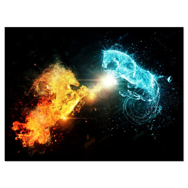 Design Art Fire And Water Abstract Horses Canvas Print depicting two abstract horses, one made of fiery orange flames and the other of luminous blue water, converging at a bright glowing point on a black background, printed on gallery wrapped cotton canvas and ready to hang with included hardware.