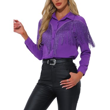 INSPIRE CHIC Women's Halloween Western Fringe Shirt Long Sleeve Button Down Blouse with Tassel Trim & Turn Down Collar Dark Purple XL