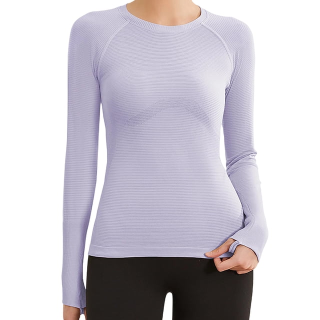 fheaev Chandails à Manches Longues pour Femmes Col Rond Chandail du Bas Ajusté Décontracté Extensible Ajusté sous-Blouses Entraînement Haut de Sport Pilates Vêtements de Mise en Forme Couche de Base Hauts