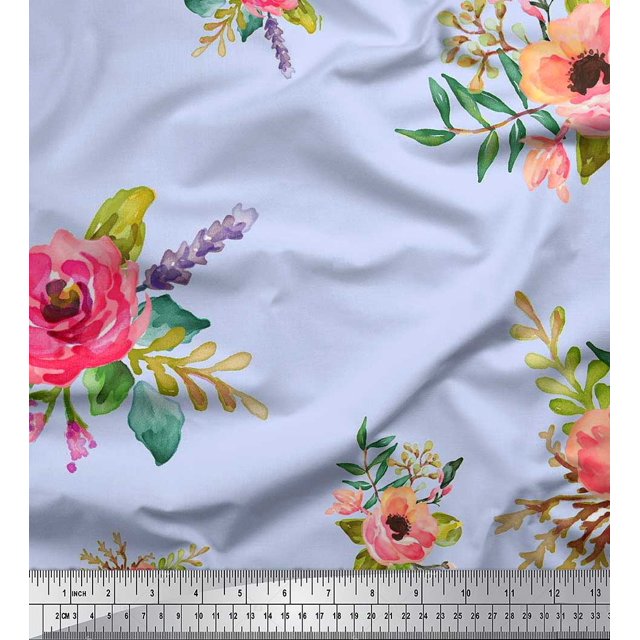 Soimoi Rayon Fabric Leaves & Anemone Flower Print Sewing Fabric Yard 42 Inch Wide