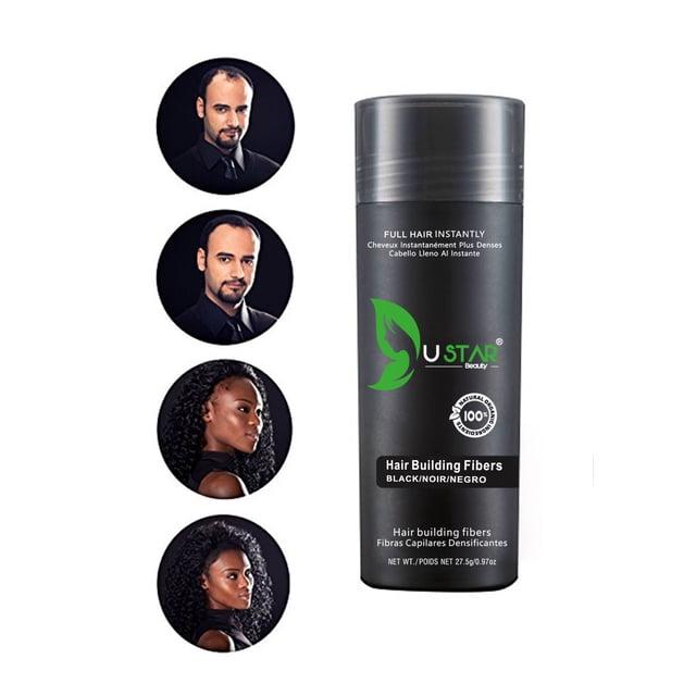 USTAR Hair Building Fibers Black .97oz, a hair care product made from natural keratin fibers, displayed in a black container with green branding. It provides an instant solution for thinning hair, creating a natural, fuller look. The product is resistant to wind, rain, and perspiration. The image includes before-and-after visuals of individuals showcasing improved hair density.