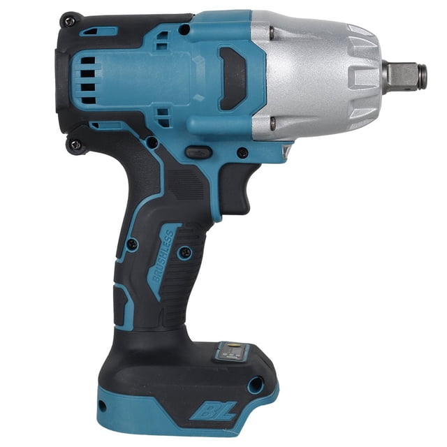 Brushless Electric Impact Wrench Cordless Impact Wrench with 1000Nm high torque, shown in a side profile view. This power tool features a durable tungsten steel shaft, ergonomic handle, and integrated LED work light. Ideal for heavy-duty tasks such as car tire repair, wood, and metal work.