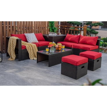 Costway Ensemble de Mobilier de Terrasse en Rotin 8 Pcs Rangement Peu Encombrant Coussin Housse Rouge