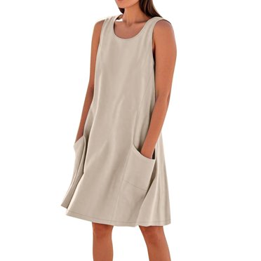 Kyusrd Robe Débardeur d'Été pour Femmes Robe Courte Col Rond Sans Manches Robe T-Shirt Robe Trapèze Robe en Lin avec Poche
