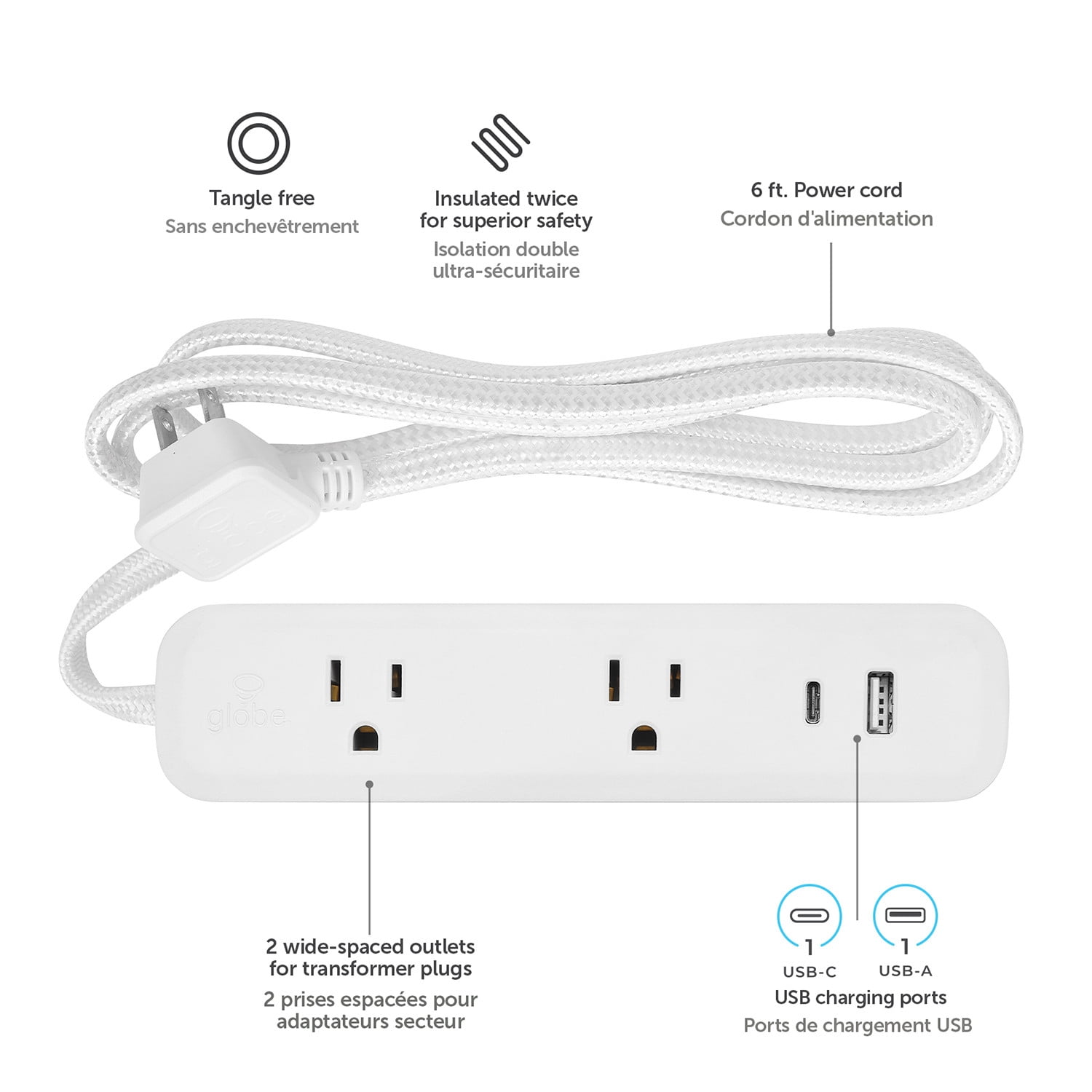 Globe Electric 2-Outlet White Flat Plug Power Strip with USB Charging Ports and 6FT Fabric Extension Cord