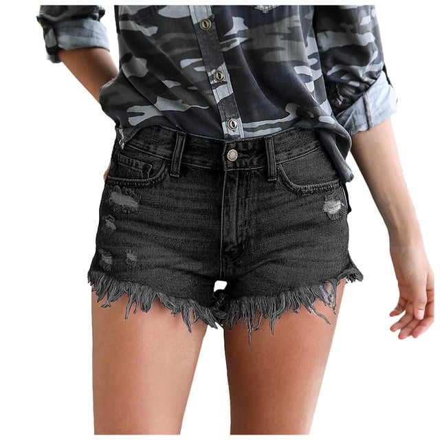 Birdeem Womens Stretchy Denim High-Waist Shorts Frayed Ripped Shorts with Pockets Pants