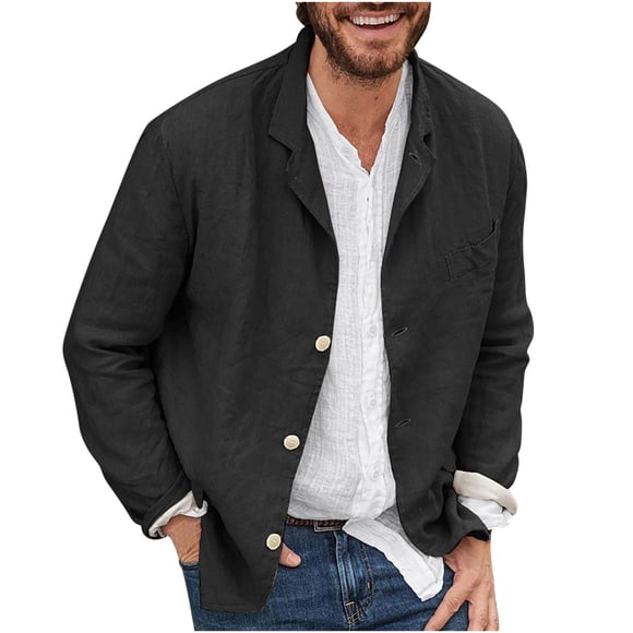 TIMIFIS Men's Casual Linen Shirts Long Sleeve Beach Shirt Collarless Button Down T Shirts-BlackFall s