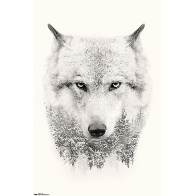 Wolf - Affiche Murale d'Arbres, 22,375 Po x 34 Po Présentant une Tête de Loup à Niveaux de Gris Centrée et Orientée vers l'Avant avec une Fourrure Détaillée Se Fondant dans une Forêt de Pins Enneigée à la base, Imprimée sur Papier d'Art photo Brillant, Convient pour Décorer des Chambres, des Bureaux Ou des Résidences Étudiantes.