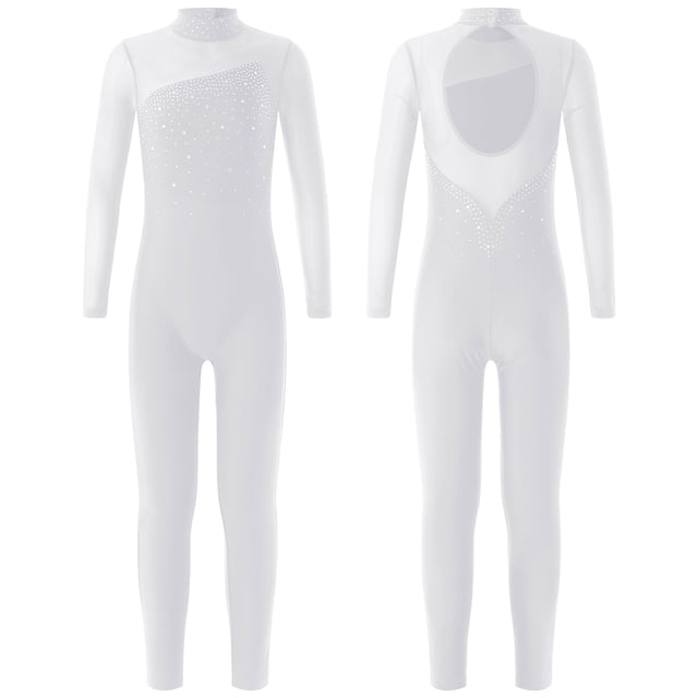 TiaoBug Girls Ice Skating Jumpsuit Rhinestone Mock Neck Competition Figure Skating Dancewear White 6