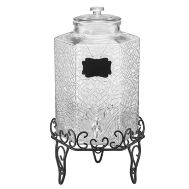KFFKFF Beverage Dispenser, 2.5 Gallon Drink Dispensers for Parties, Glass Juice Dispenser with Metal Stand, Stainless Steel Spigot, Iced Tea Lemonade Juice Water Dispensers