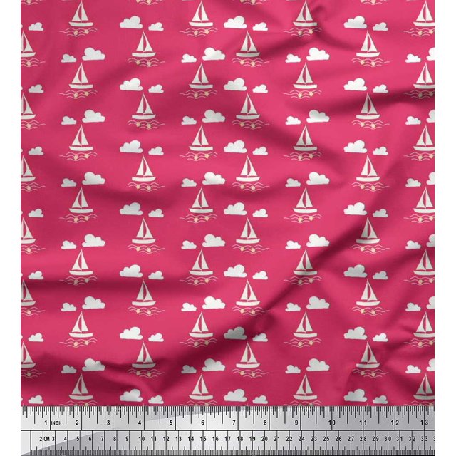 Soimoi Poly Georgette Fabric Cloud,Fish & Yacht Nautical Fabric Prints by Yard 42 Inch Wide