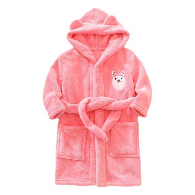 JIRNDfCA Girls Robe With Hood Soft Cute Cartoon Bathrobe Long Sleeve Facecloth Rabbit Warm Kids Robe Children Sleepwear Pink 5-6 Years