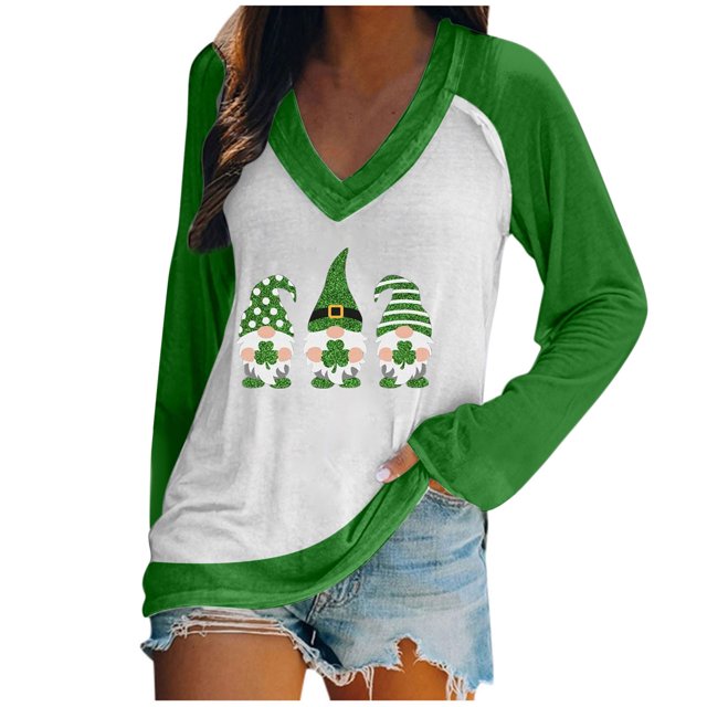 Pompotops Casual St. Patrick'S Day Imprimé Manches Longues Tops V-Neck Chemisier Femme