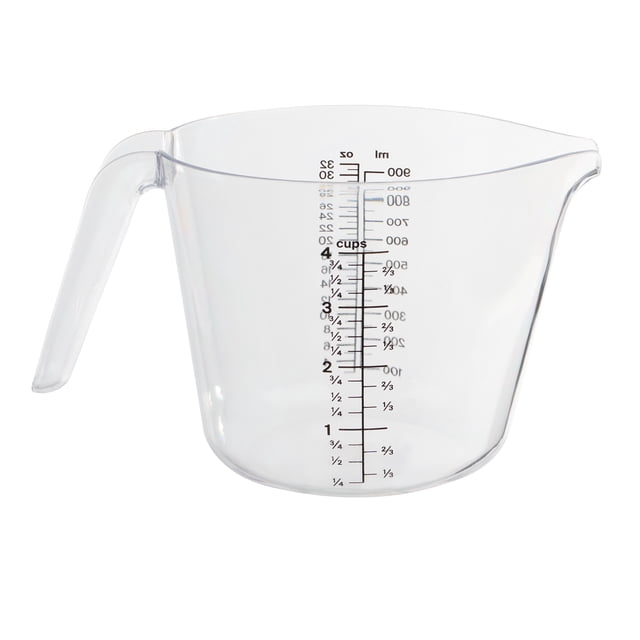 Mainstays 4-Cup Clear Plastic Measuring Cup with easy-to-read measurements visible from above, non-slip handle, and integrated tapered spout for mess-free pouring. Made of durable, chip-resistant plastic, it measures up to 32 oz (1 L) and is ideal for wet and dry ingredients.