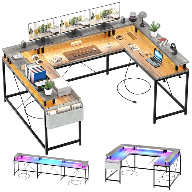 U Shaped Desk, 126 Inch Gaming Desk with Monitor Stand and LED Lights, ideal for modern office or gaming setups. Offers a reversible layout for corner or extended configurations, RGB LED strip lights with customizable colors, and built-in power outlets with USB ports. Includes a full monitor stand, fabric storage bag, and hooks for organization. Constructed from durable MDF and alloy steel for stability and style.