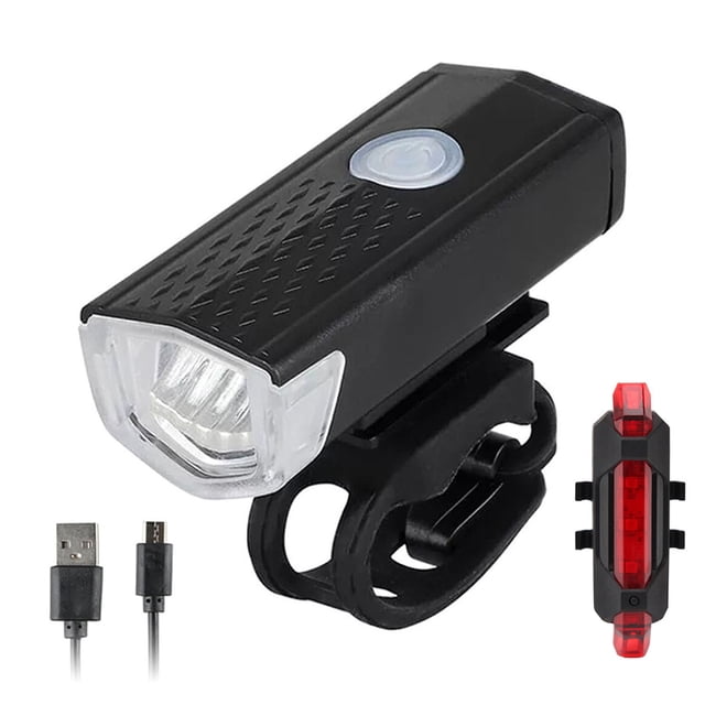 USB Rechargeable Bike Light Cycle Head Light with Rear Bicycle Light Front Light Set 300lm Waterproof LED Bicycle Light for Mountain & Road Bike. The set includes a black ABS headlight with 2255 LEDs and three light modes (high, low, strobe) and a red PC rear light with four modes. Both lights are USB rechargeable, highly dust- and water-resistant, and designed for enhanced visibility and safety during night rides or low-light conditions. The headlight has a 300-lumen output and an 800mAh battery with a runtime of 1.5 to 4 hours, while the rear light has a 160mAh battery with a runtime of up to 10 hours. Includes USB charging cables and mounting hardware.